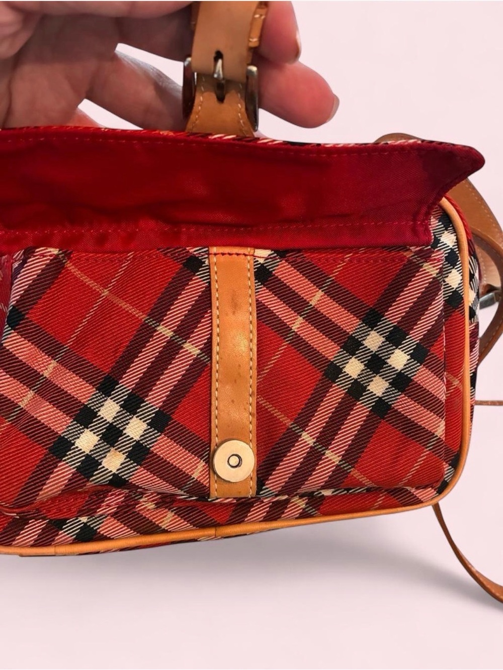 Burberry Red Plaid Crossbody with Tan Leather Strap - PRISTINE condition w/CO - Picture 7 of 9